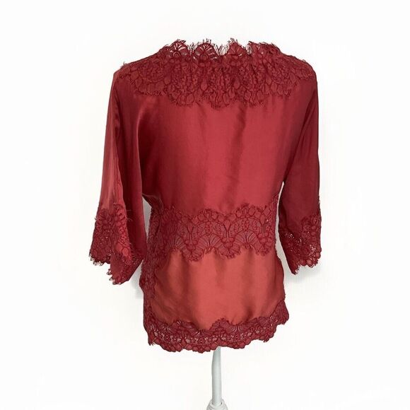 Anthropologie Moulinette Soeurs Satin Viscose Blouse Lace Orange Rust Medium - Picture 5 of 11